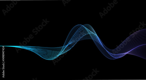 Vector abstract light lines wavy flowing dynamic in blue green colors isolated on black background. Suit for AI technology, digital, communication, website, flyer. Vector illustration	