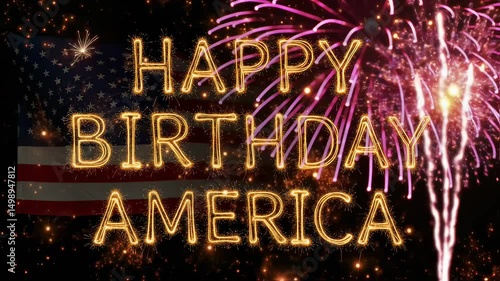 Happy birthday america sparkler text design with fireworks and flag background