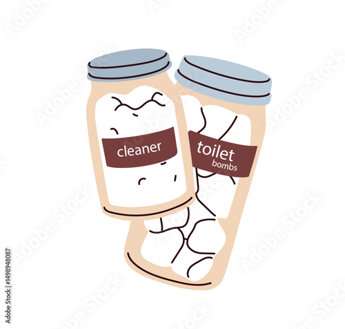 Cleaner and toilet bombs in jars. Eco-friendly bathroom cleaning products, na...