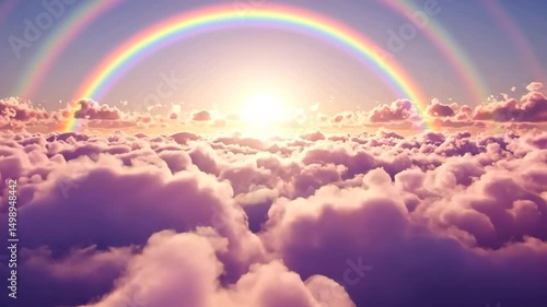 Flying Above Clouds with Double Rainbow Bright Sky Background