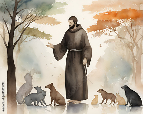 rapresentation of saint francis of assisi while talking to wild animals, watercolor style painting