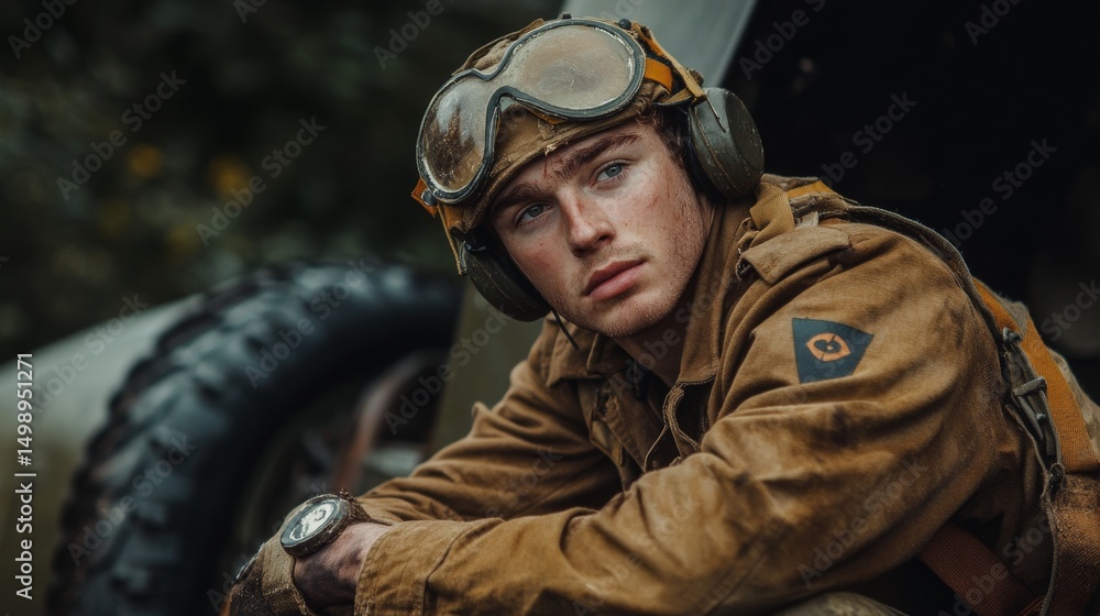 Naklejka premium A soldier in vintage military gear gazes thoughtfully into the distance. His expression reflects determination and bravery. A story of courage unfolds. Generative AI