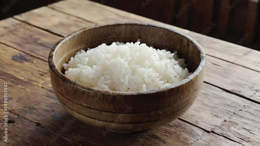 A wooden bowl filled with fluffy white rice placed on a rustic wooden table, evoking a cozy dining atmosphere A wooden bowl filled with fluffy white rice placed on a rustic wooden table, evoking a cozy dining atmosphere