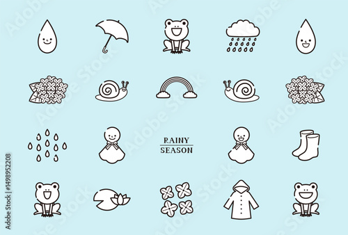 梅雨の白黒線画アイコン素材セット / vector eps