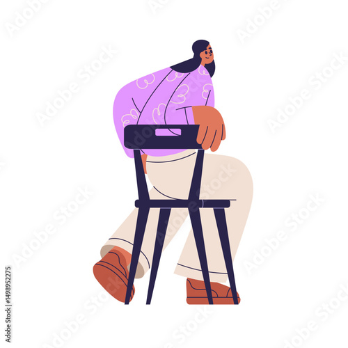 Woman sitting on chair, turning backward and looking back, standing up. Female from behind, smiling, twisted pose, leaning on backrest. Flat vector illustration isolated on white background