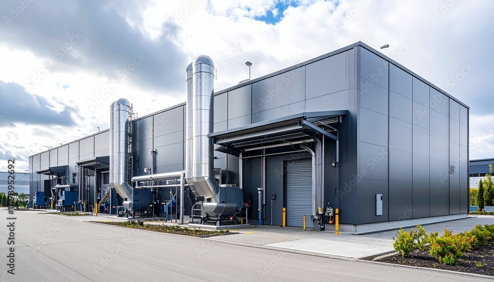 Fototapeta premium A modern manufacturing plant with metal exterior and large exhaust vents