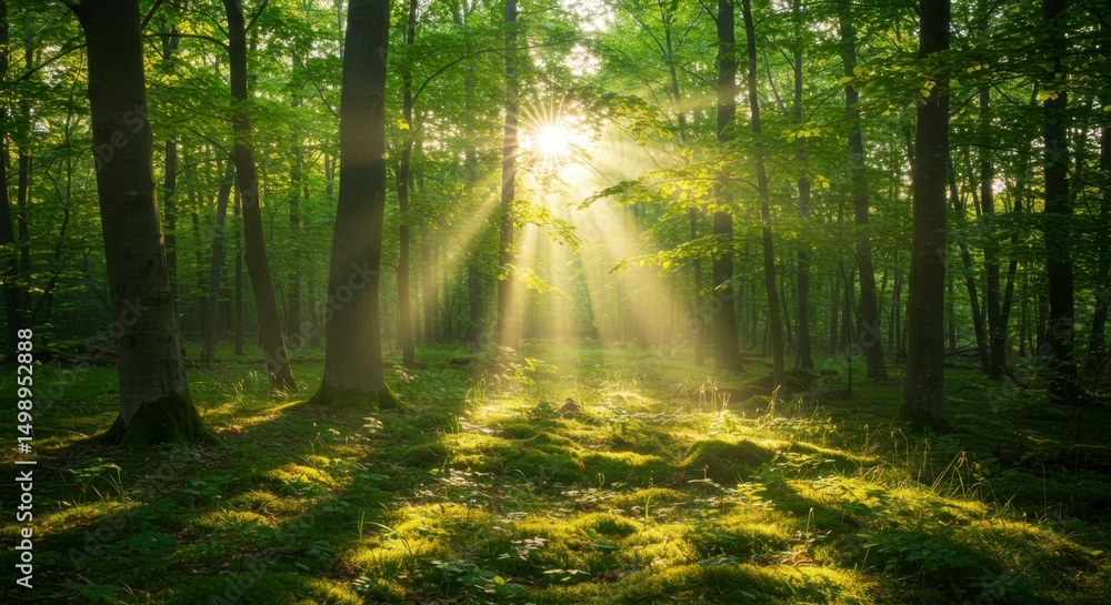 Obraz premium Sunlight streams through a lush forest (1)