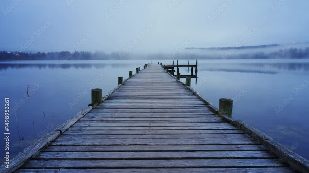 Serene wooden pier extending into a misty lake at dawn, surrounded by tranquil nature Serene wooden pier extending into a misty lake at dawn, surrounded by tranquil nature