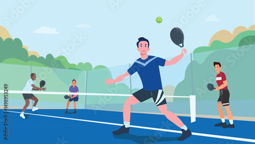 Athletes playing  pickleball on outdoor courts using rackets and balls. 