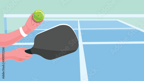 Pickleball player using a racket paddle hitting and serving the ball. Cartoon illustration.
