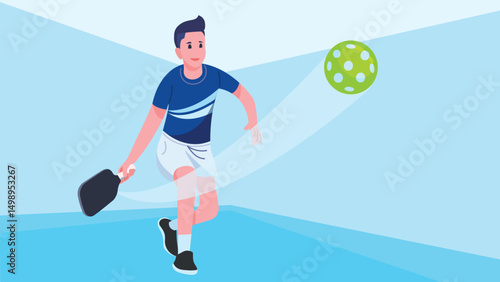 Athlete playing pickleball using a racket paddle hitting the ball. Cartoon illustration.