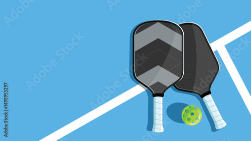 Pickleball racket paddle and a ball laying on the blue court. Cartoon illustration.