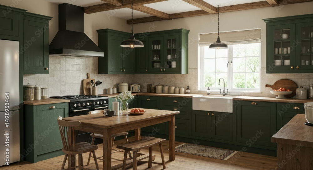 Rustic kitchen design with dark green cabinetry and natural wood accents Rustic kitchen design with dark green cabinetry and natural wood accents