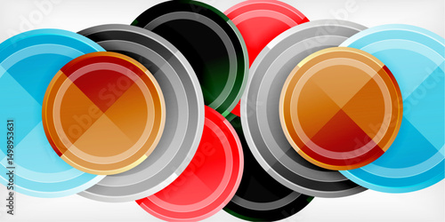 Abstract circles overlap, creating vibrant color patterns. Design features glossy textures, modern aesthetic. Black background enhances visual impact.