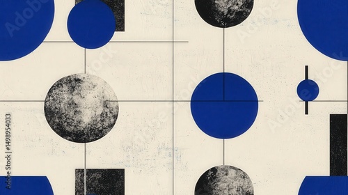 Bold blue and black geometric shapes stand out against a light background, making a captivating and textured visual composition.