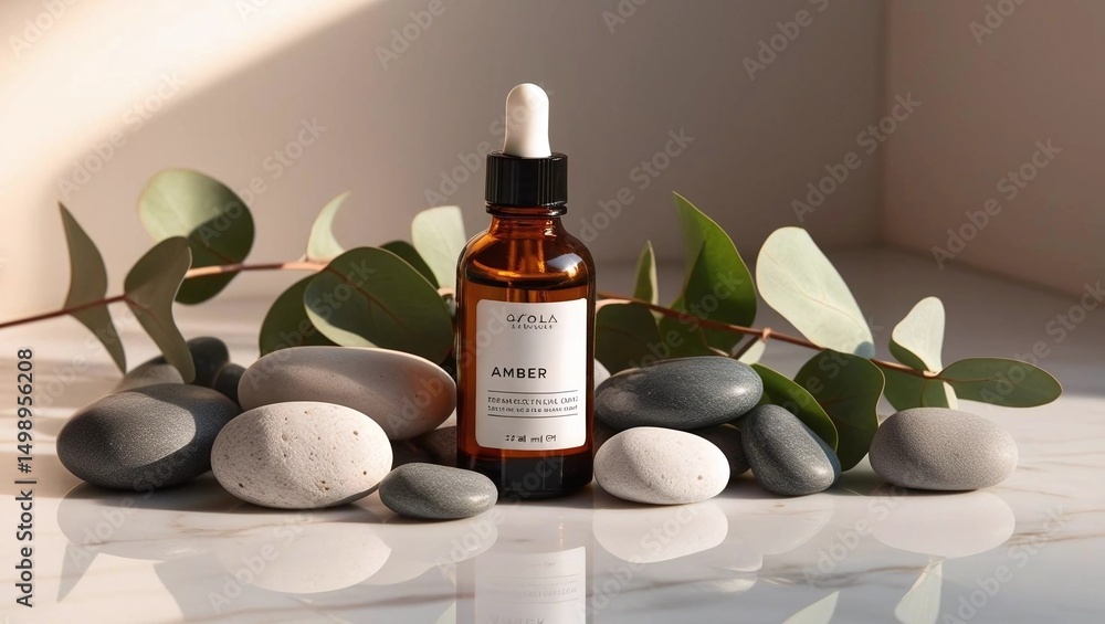 Dropper Bottle of Essential Oil Surrounded by Smooth Stones and Eucalyptus Leaves on a Clean White Surface in Soft Ambient Light
Dropper Bottle of Essential Oil Surrounded by Smooth Stones and Eucalyptus Leaves on a Clean White Surface in Soft Ambient Light