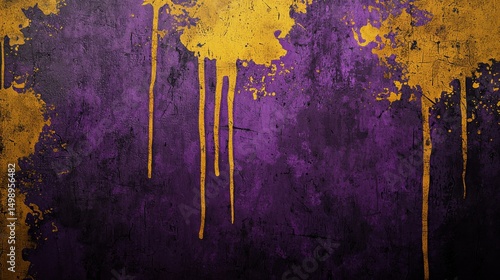 Vibrant Purple and Gold Grunge Texture with Drips and Splashes
