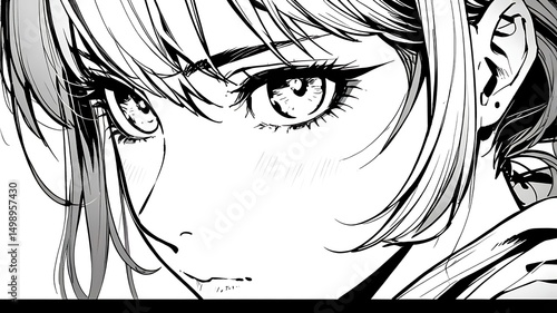 Closeup black and white anime girl portrait
