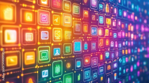 Colorful digital technology icons abstract interface. Modern apps and network software create a vibrant digital grid. Network interface, modern software, and abstract icons form a colorful technology