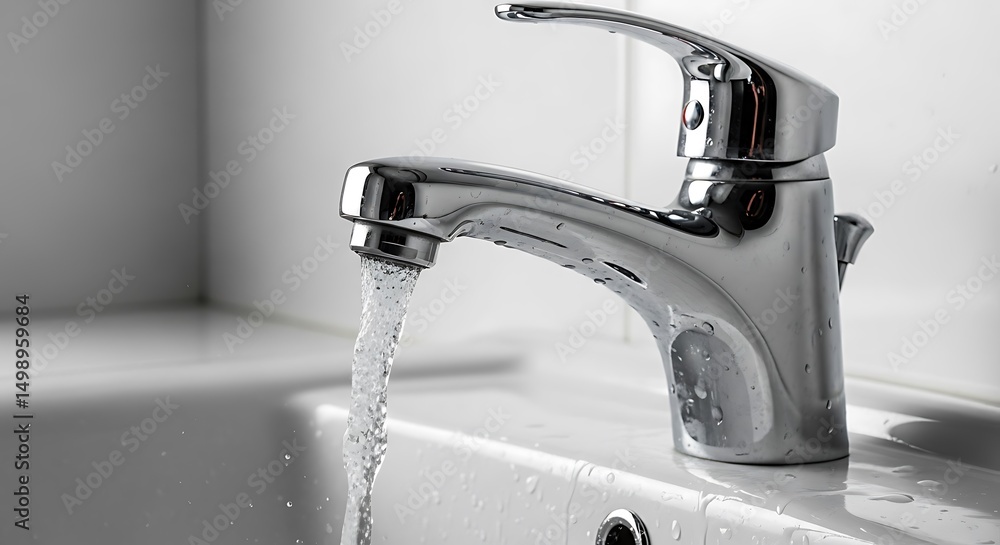 Faucet with Running Water in White Sink Faucet with Running Water in White Sink