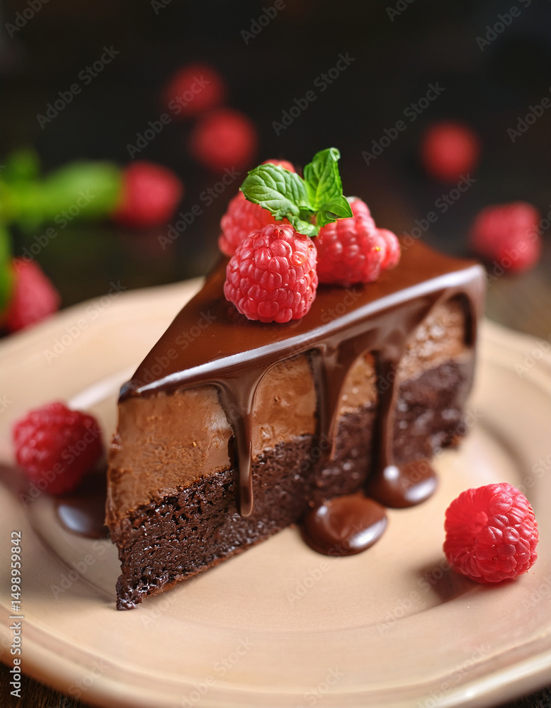 Generated Image of A slice of chocolate cake with glossy ganache dripping down the sides and fresh raspberries on top Generated Image of A slice of chocolate cake with glossy ganache dripping down the sides and fresh raspberries on top
