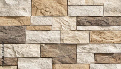 A textured wall of rectangular stone tiles in varying shades of beige, brown, and white, arranged in a staggered pattern