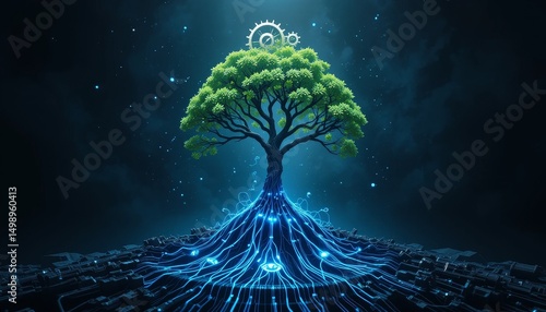 Digital tree of life growing in a futuristic landscape nature concept art night environment surreal viewpoint