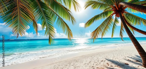 Fototapeta Naklejka Na Ścianę i Meble -  Sun-drenched Caribbean beach, turquoise water, swaying coconut palms, beauty, exotic