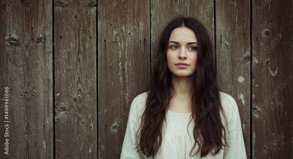 Fototapeta premium Young woman standing against weathered wooden planks