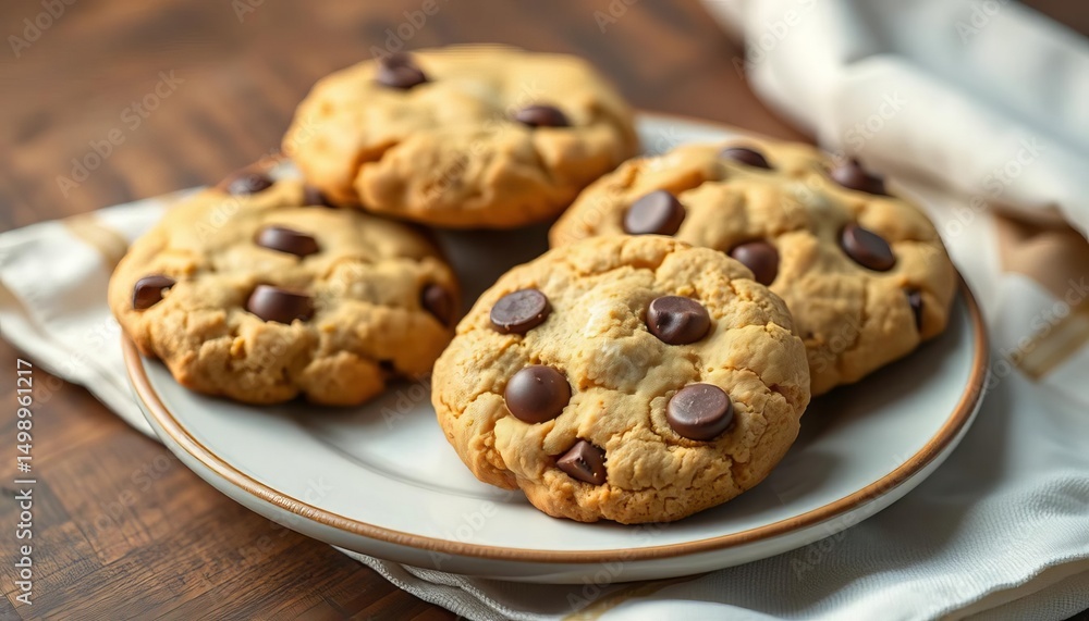 Golden-brown chocolate chip cookies on a plate, beside a neatly folded napkin, napkin, photography Golden-brown chocolate chip cookies on a plate, beside a neatly folded napkin, napkin, photography