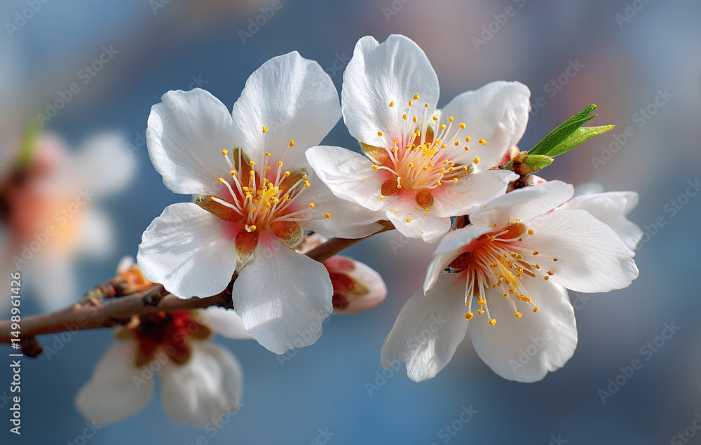 Obraz premium Closeup of white almond blossoms, stunning spring bloom, evokes feelings of freshness and delicacy in nature simple beauty