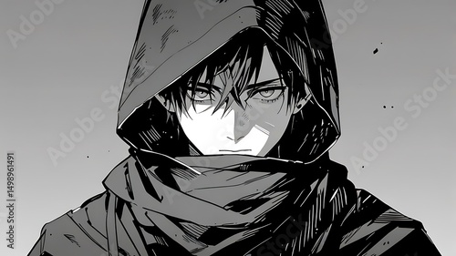 Mysterious anime boy in hooded cloak black and white illustration