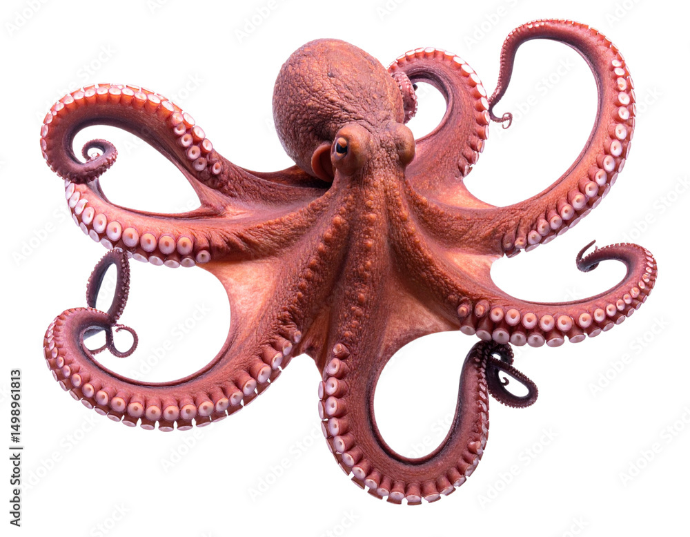 Obraz premium A National Geographic-style photograph of an octopus swimming in the ocean and posing for the camera isolated on a transparent background