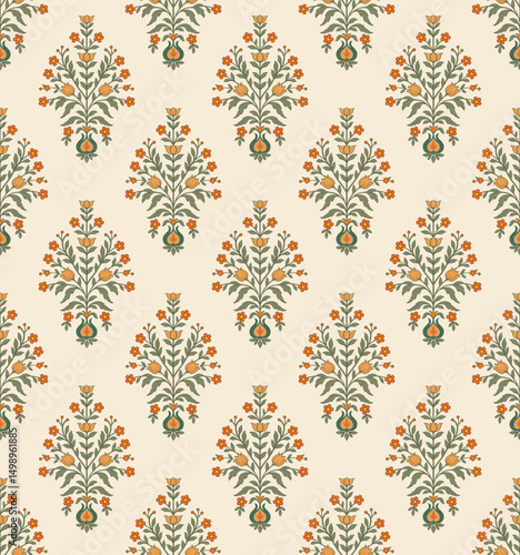 Mughal flower motif seamless pattern. Traditional flower pattern illustration. Flower pattern for fashion, fabric, textile, and wallpaper.