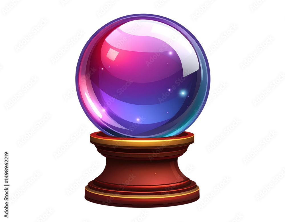 A single game icon depicting an iridescent crystal ball on a stand, in a dark fantasy style with purple and red colors isolated on a transparent background A single game icon depicting an iridescent crystal ball on a stand, in a dark fantasy style with purple and red colors isolated on a transparent background