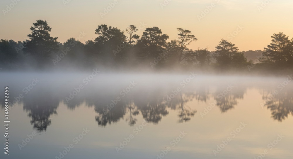 Fototapeta premium Misty sunrise over a still lake. Trees reflected perfectly in calm water