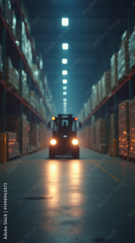 Forklift Moving in a Dim Warehouse — Low-Light Interior of a Massive Warehouse Forklift Moving in a Dim Warehouse — Low-Light Interior of a Massive Warehouse