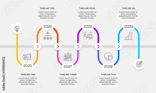 Colorful line infographic with waves moving forward. Timeline, Plan, Milestone and Presentation. Vector illustration.
