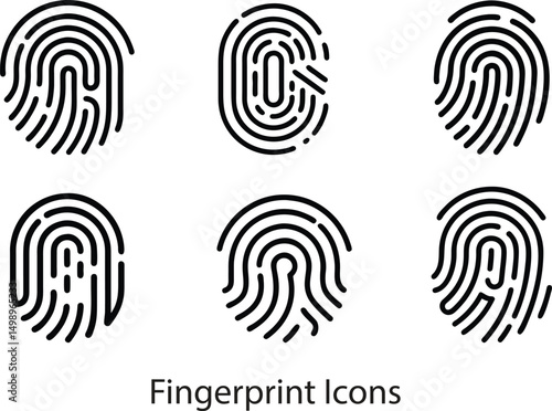 Collection of 6 Unique Fingerprint Icons. Black Vector Biometric ID Patterns for Digital Security, Forensic Design, and Authentication Use