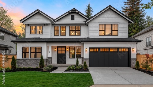 Two-story farmhouse, white siding, black trim, and garage doors; landscaped lawn, dusk lighting