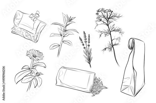 Herbal tea flowers with paper packaging vector