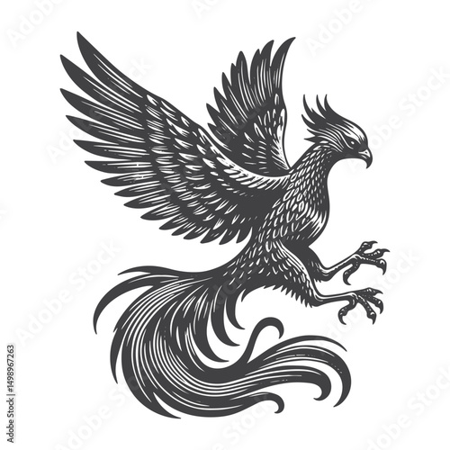 Vintage Hand-Drawn Phoenix Flying Side View Illustration – Mythical Engraved Style Vector for T-Shirts, Posters, Stickers, and Fantasy Apparel