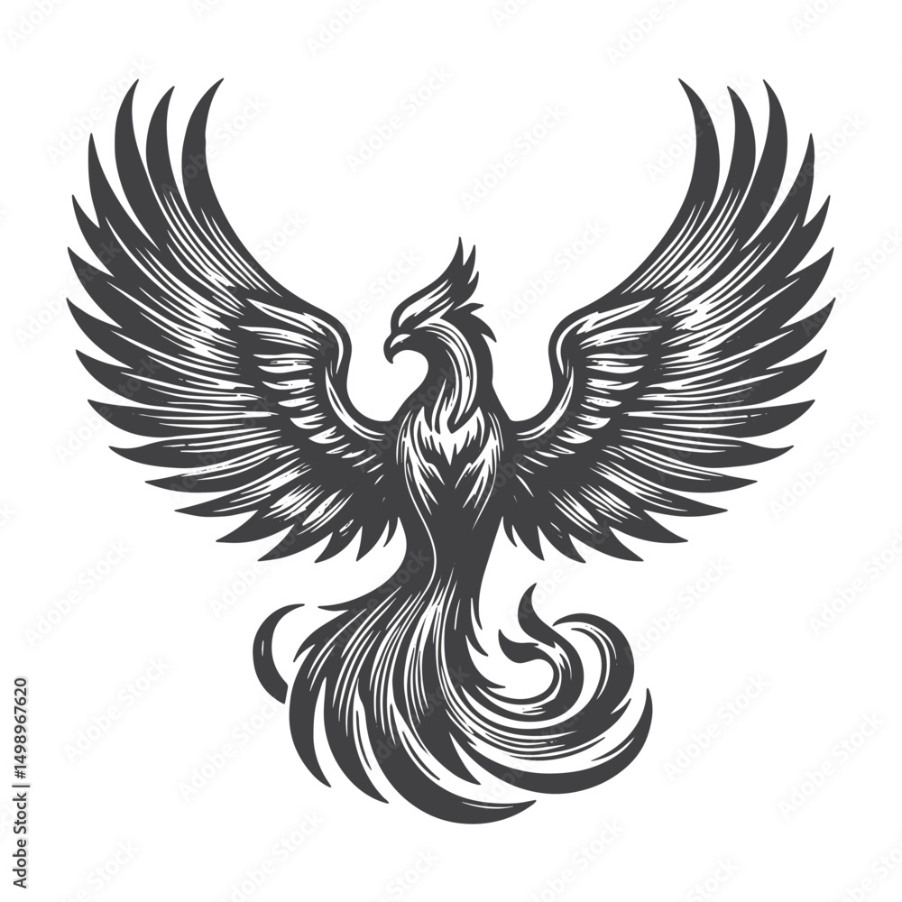 Fototapeta premium Vintage Hand-Drawn Phoenix Flying Front View Illustration – Mythical Engraved Style Vector for T-Shirts, Posters, Stickers, and Fantasy Apparel