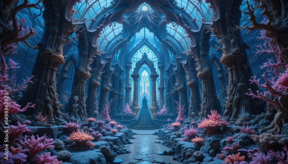 Obraz premium A surreal underwater cathedral made of coral and glass