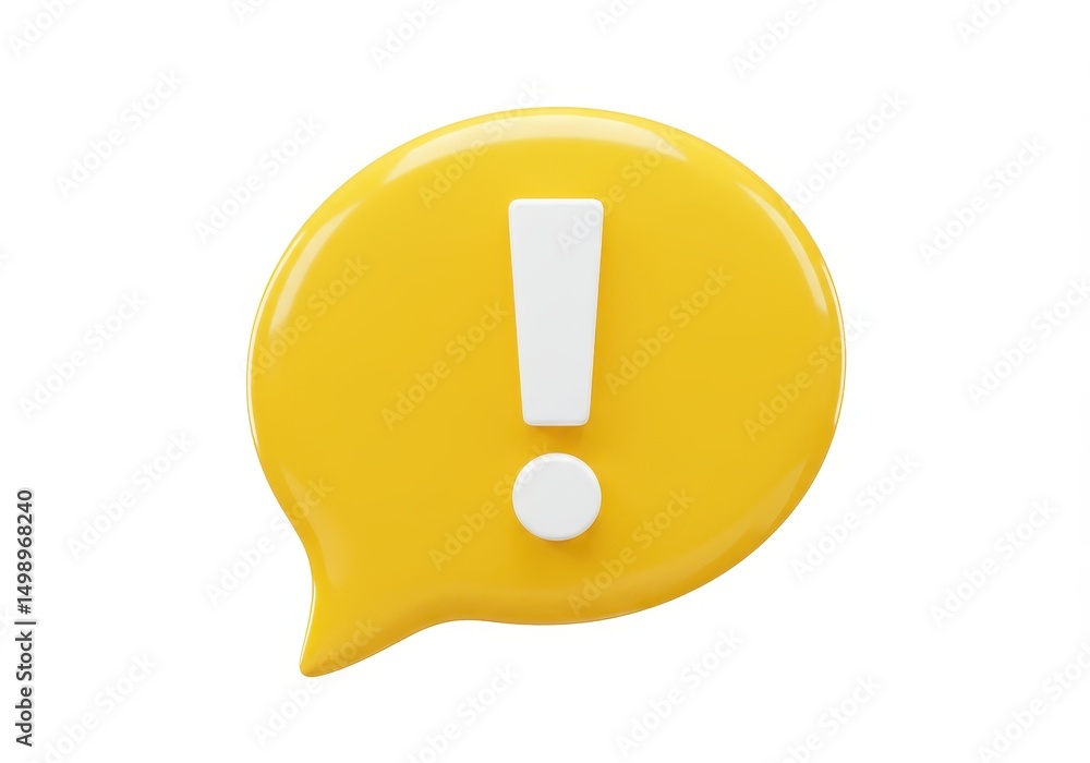 3D Illustration of Yellow speech bubble with white exclamation mark isolated on white background 3D Illustration of Yellow speech bubble with white exclamation mark isolated on white background
