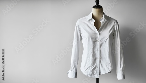 A pristine white long-sleeved button-down shirt displayed on a simple, dark mannequin against a neutral backdrop