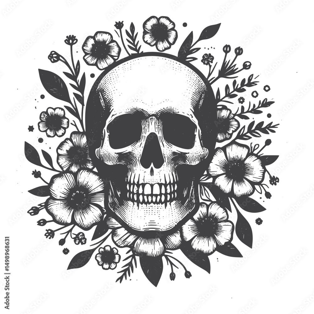 Obraz premium Vintage Hand-Drawn Skull with Flower Illustration – Retro Engraved Style Vector for T-Shirts, Posters, Stickers, and Vintage Themes Apparel