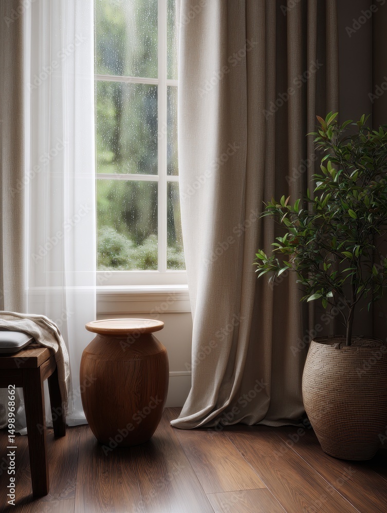 Cozy interior with wooden furniture, potted plants, and natural light filtering through curtains Cozy interior with wooden furniture, potted plants, and natural light filtering through curtains