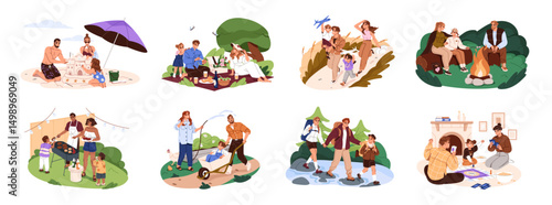 Set of happy families with children spending summer vacations together. Parents and kids travel, hiking, have fun, picnic outdoors and play board games. Flat isolated vector illustrations on white