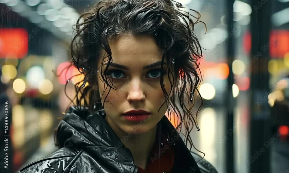 In the heart of the city, a young woman stands under the glow of neon lights, rain cascading down her dark coat In the heart of the city, a young woman stands under the glow of neon lights, rain cascading down her dark coat
